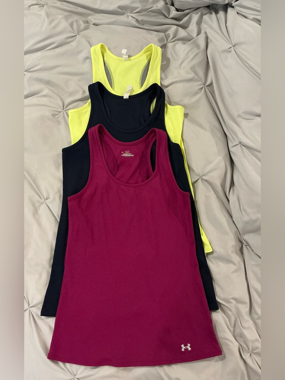 EUC-Women’s Under Armour Racerback Tank Tops (set of 3)-Navy/Yellow/DkPink-Sz LG
